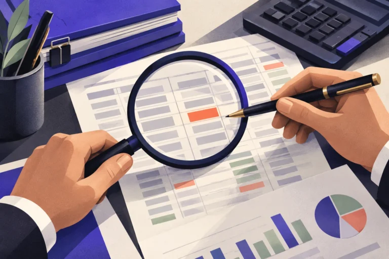 A forensic accounting worksheet examined with a magnifying glass beside a calculator.