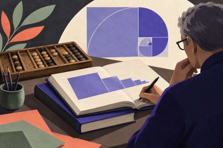 Conceptual illustration of a reader studying Fibonacci-style squares, a spiral and a counting board.