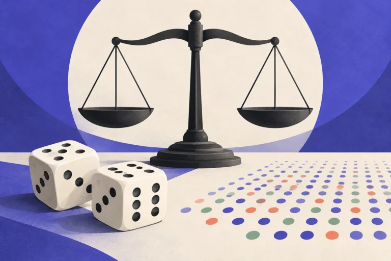 A balance scale stands beside dice and an orderly field of colored dots.