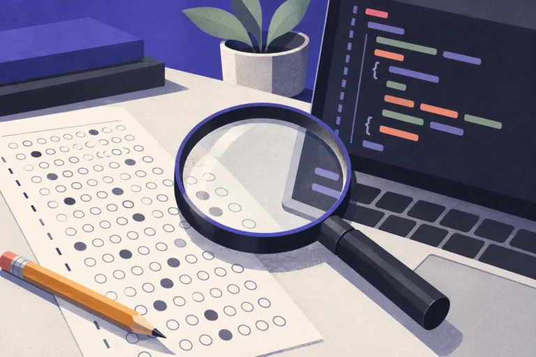 A magnifying glass comparing a multiple-choice test sheet with a programming screen.