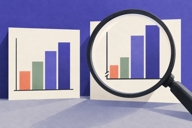 Two conceptual bar charts with different vertical baselines examined through a magnifying glass.