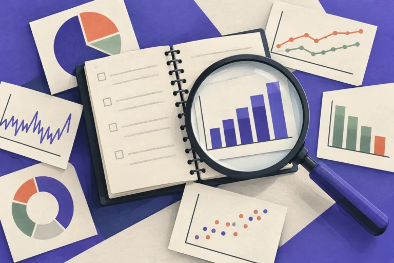 A field notebook and magnifying glass used to inspect several conceptual statistical charts.