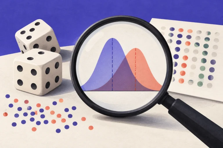 Overlapping probability curves, dice and data points examined through a magnifying glass.