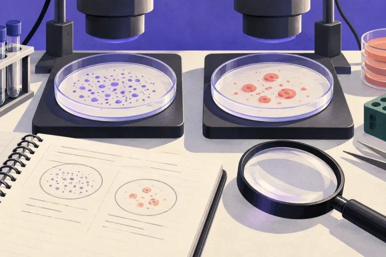 Two microscopes and petri dishes with different patterns, beside a notebook and magnifying glass.