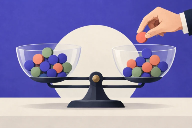 Colored evidence tokens on a balance scale, illustrating a change in relative belief.